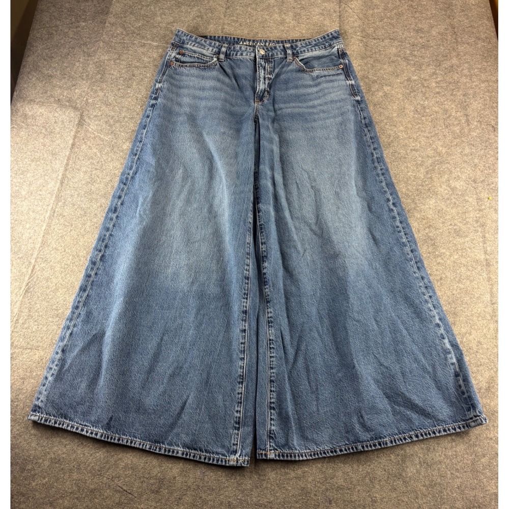 American Eagle A-Line Fit Wide Leg Jeans Medium Wash Blue Denim Women 12 Regular